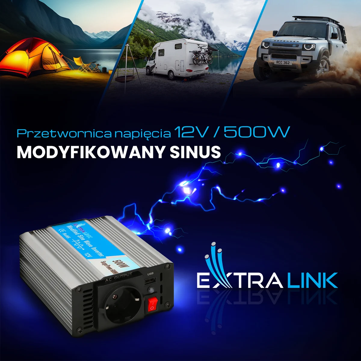 EXTRALINK CAR VOLTAGE CONVERTER 12V - 230V, 500W, MODIFIED SINUS OPIM-500W