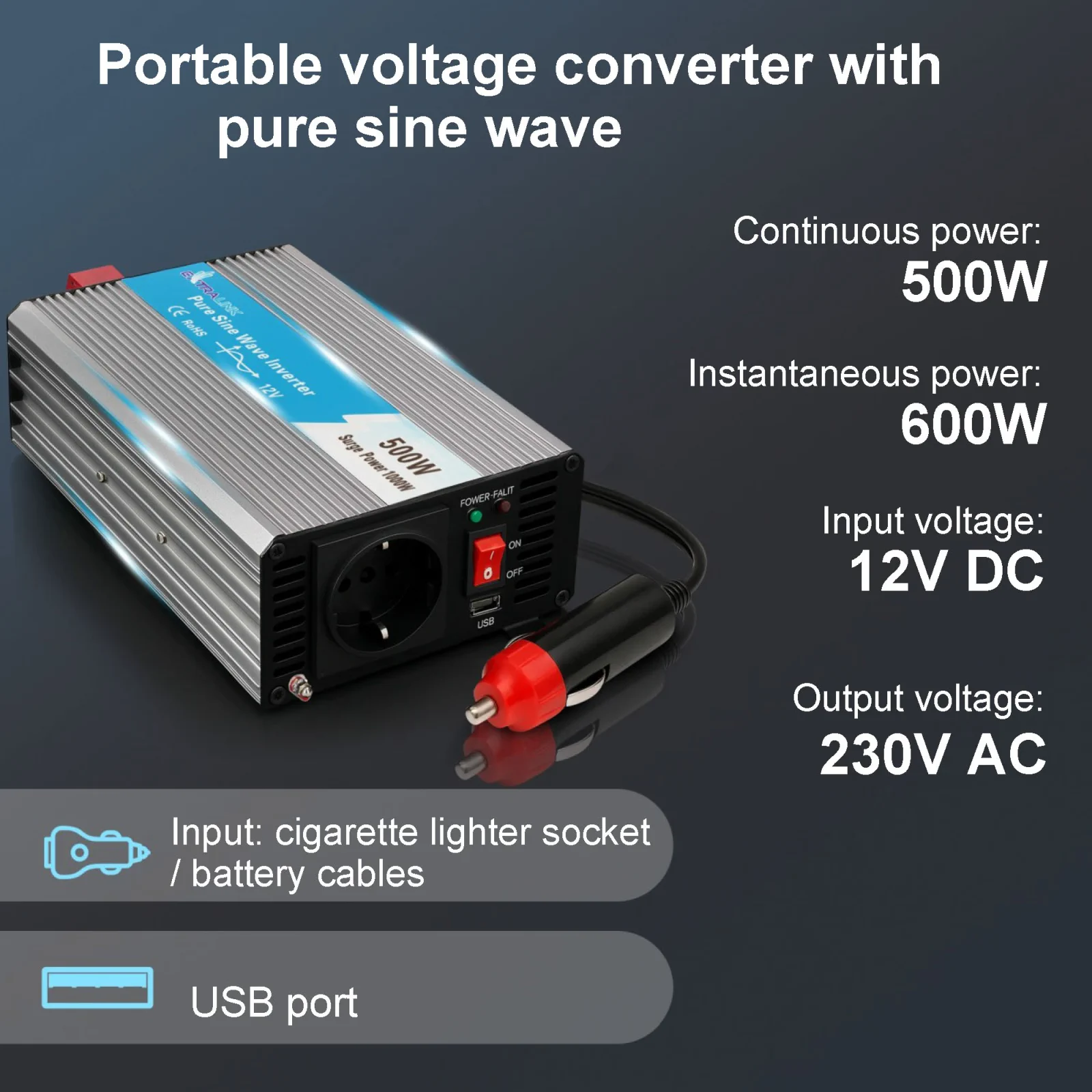 EXTRALINK CAR VOLTAGE CONVERTER 12V - 230V, 500W, PURE SINUS OPIP-500W