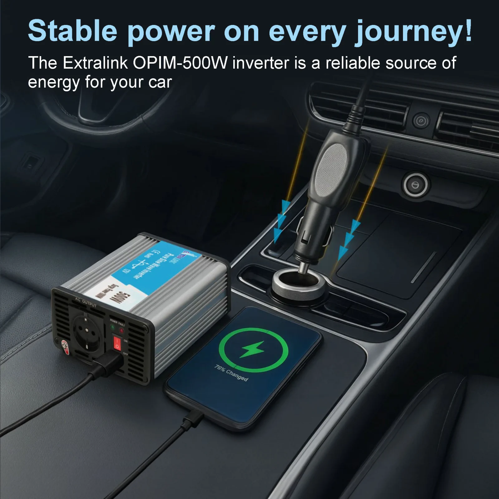 EXTRALINK CAR VOLTAGE CONVERTER 12V - 230V, 500W, PURE SINUS OPIP-500W