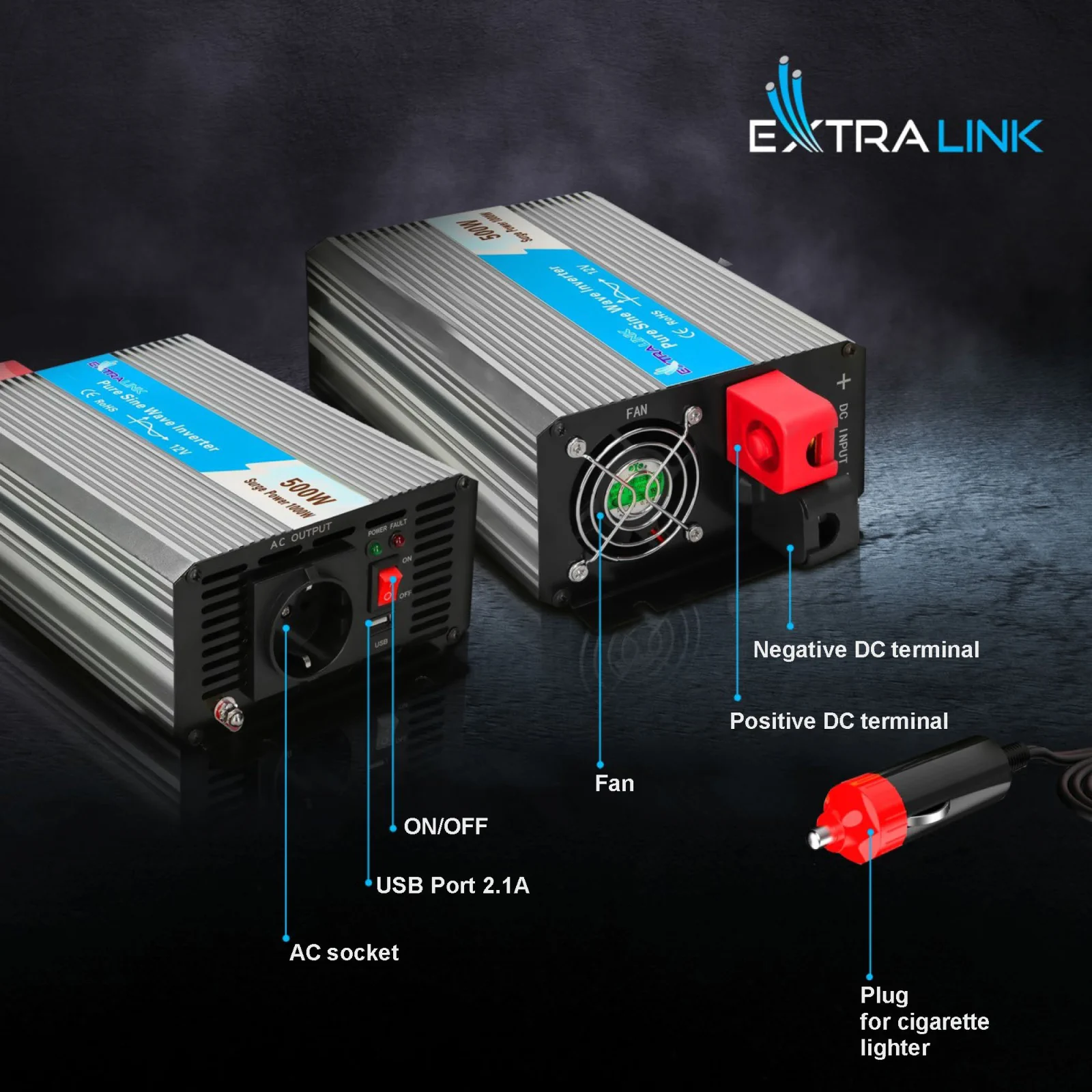 Extralink OPIP-500W | Voltage converter | automotive 12V, 500W pure sine wave