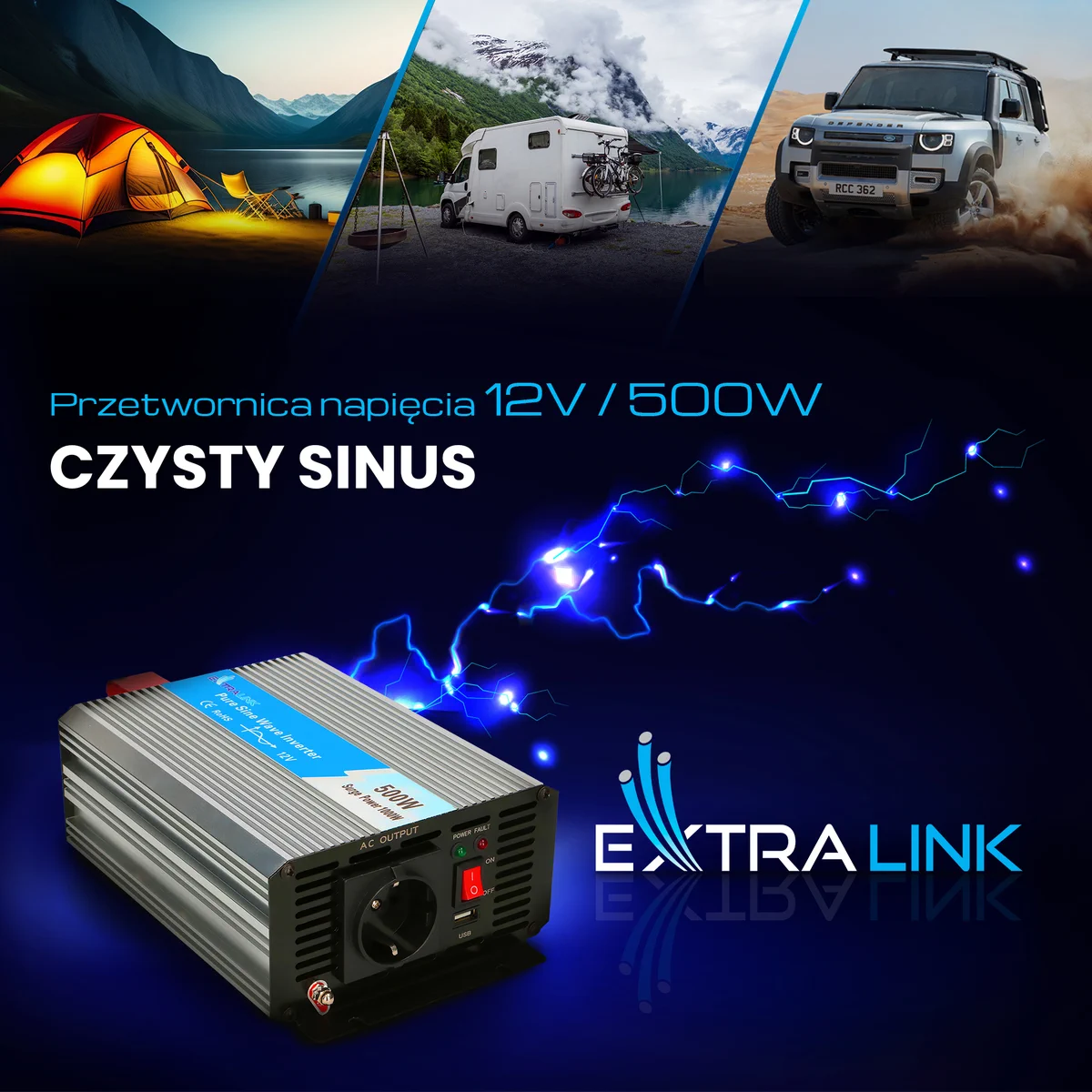 EXTRALINK CAR VOLTAGE CONVERTER 12V - 230V, 500W, PURE SINUS OPIP-500W batna24