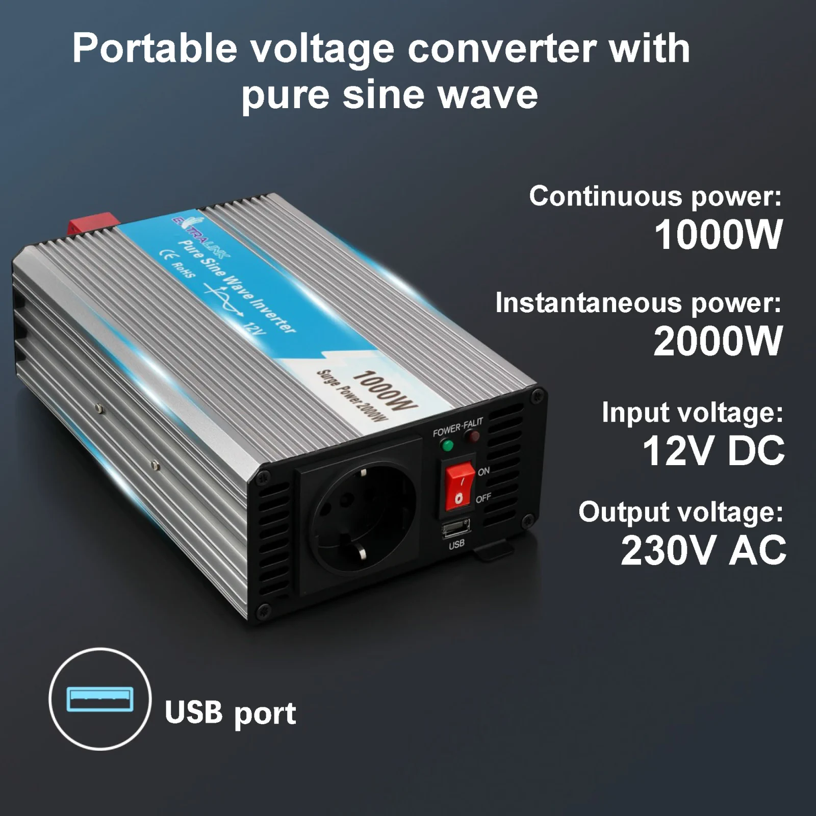 EXTRALINK VOLTAGE CONVERTER 12V - 230V, 1000W, PURE SINE OPIP-1000W