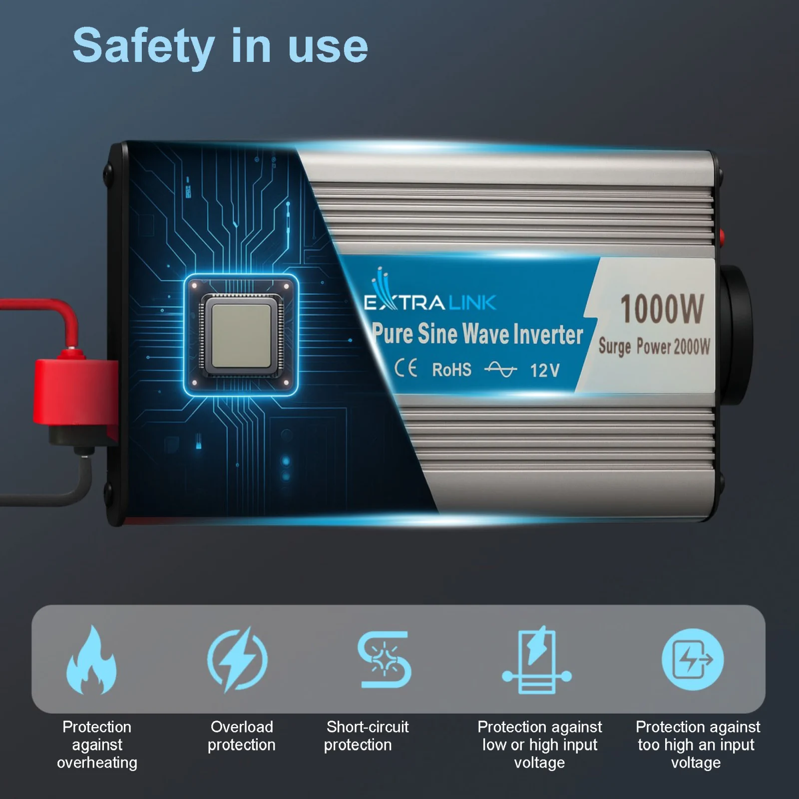 EXTRALINK VOLTAGE CONVERTER 12V - 230V, 1000W, PURE SINE OPIP-1000W