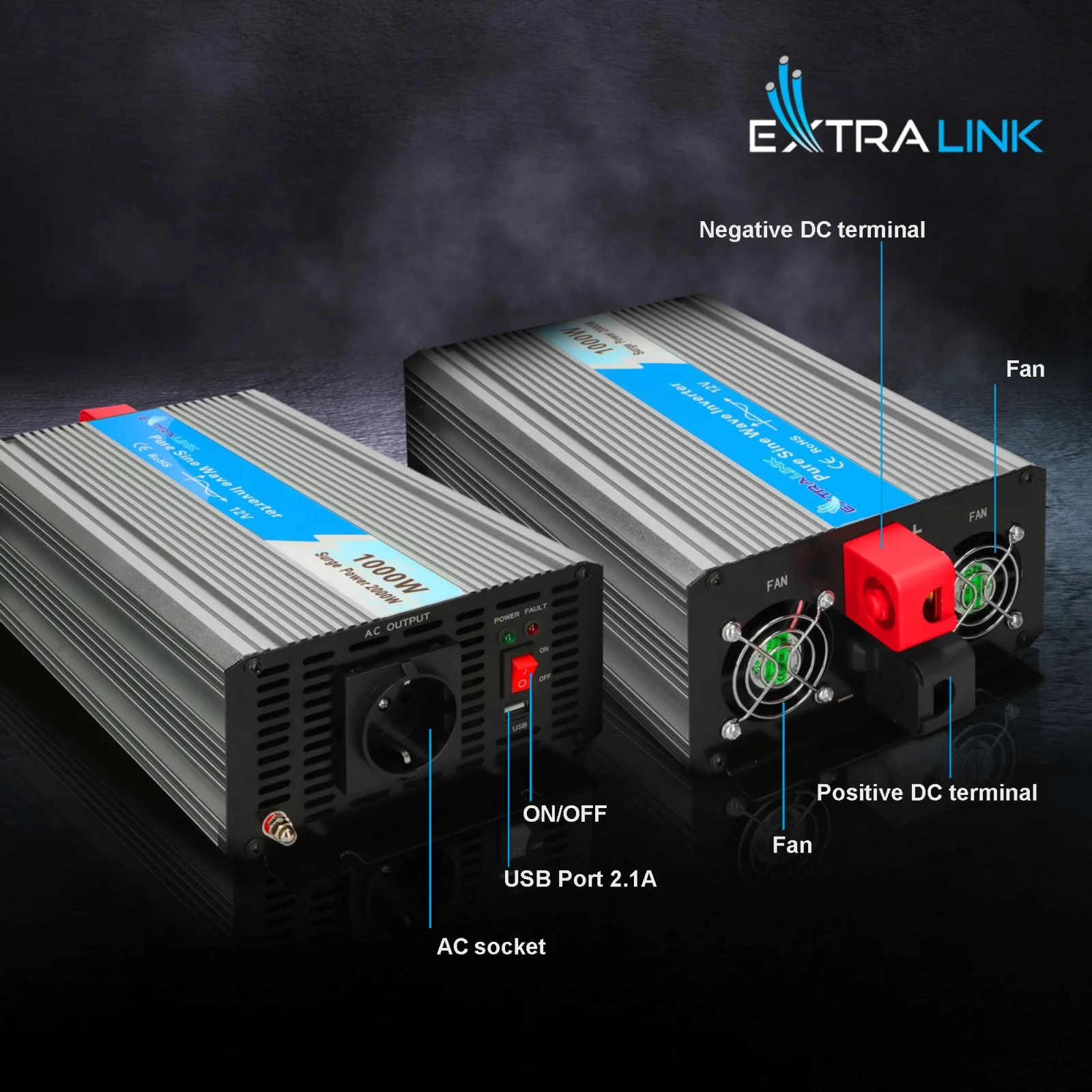 Extralink OPIP-1000W | Voltage converter | 12V - 230W, 1000W, pure sine wave