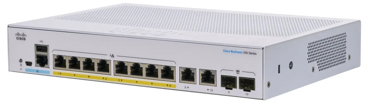 CISCO CBS250-8P-E-2G 8-PORTS 10/100/1000 POE SWITCH, 2X RJ45/SFP COMBO, 67W