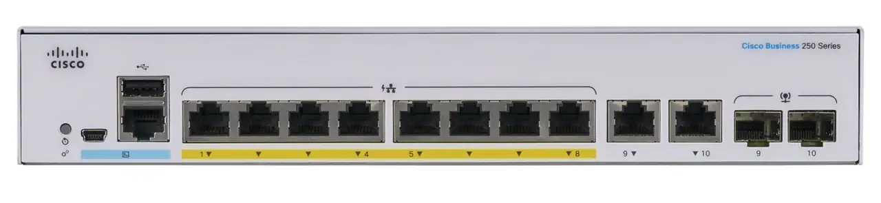 CISCO CBS250-8P-E-2G 8-PORTS 10/100/1000 POE SWITCH, 2X RJ45/SFP COMBO, 67W