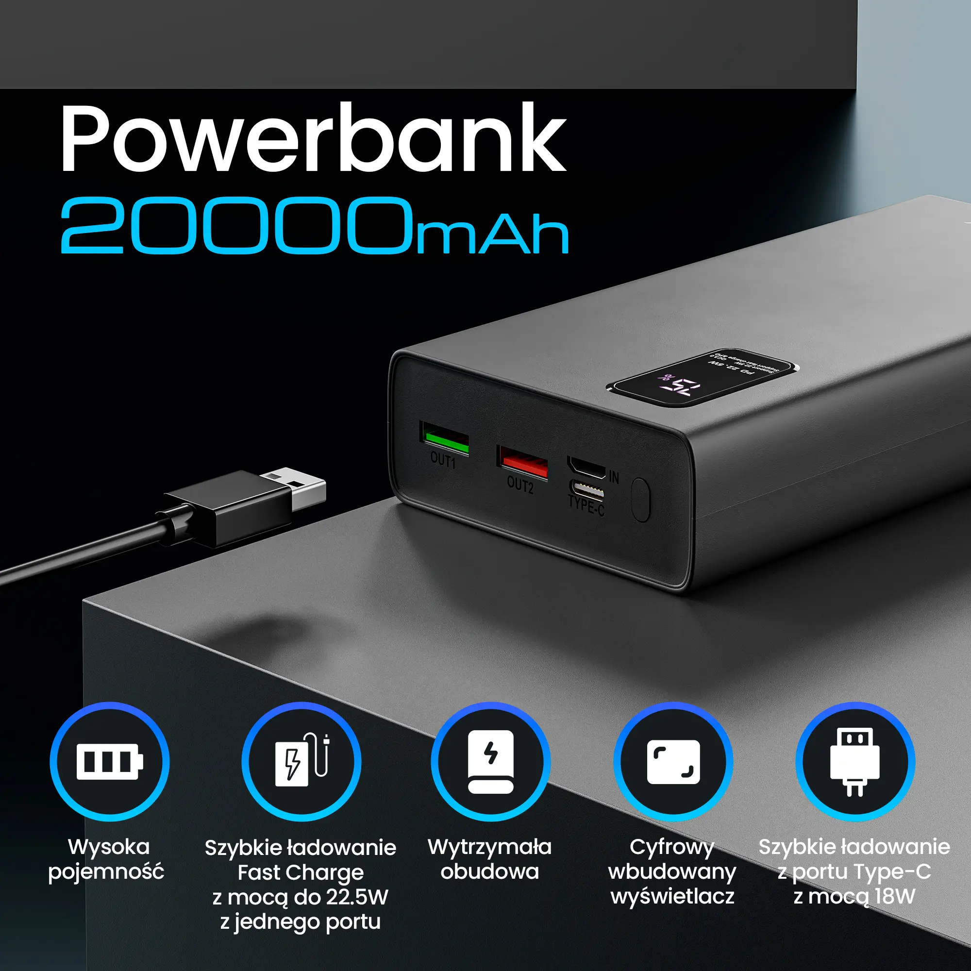 EXTRALINK EPB-068 20000MAH FAST CHARGING POWER BANK BLACK