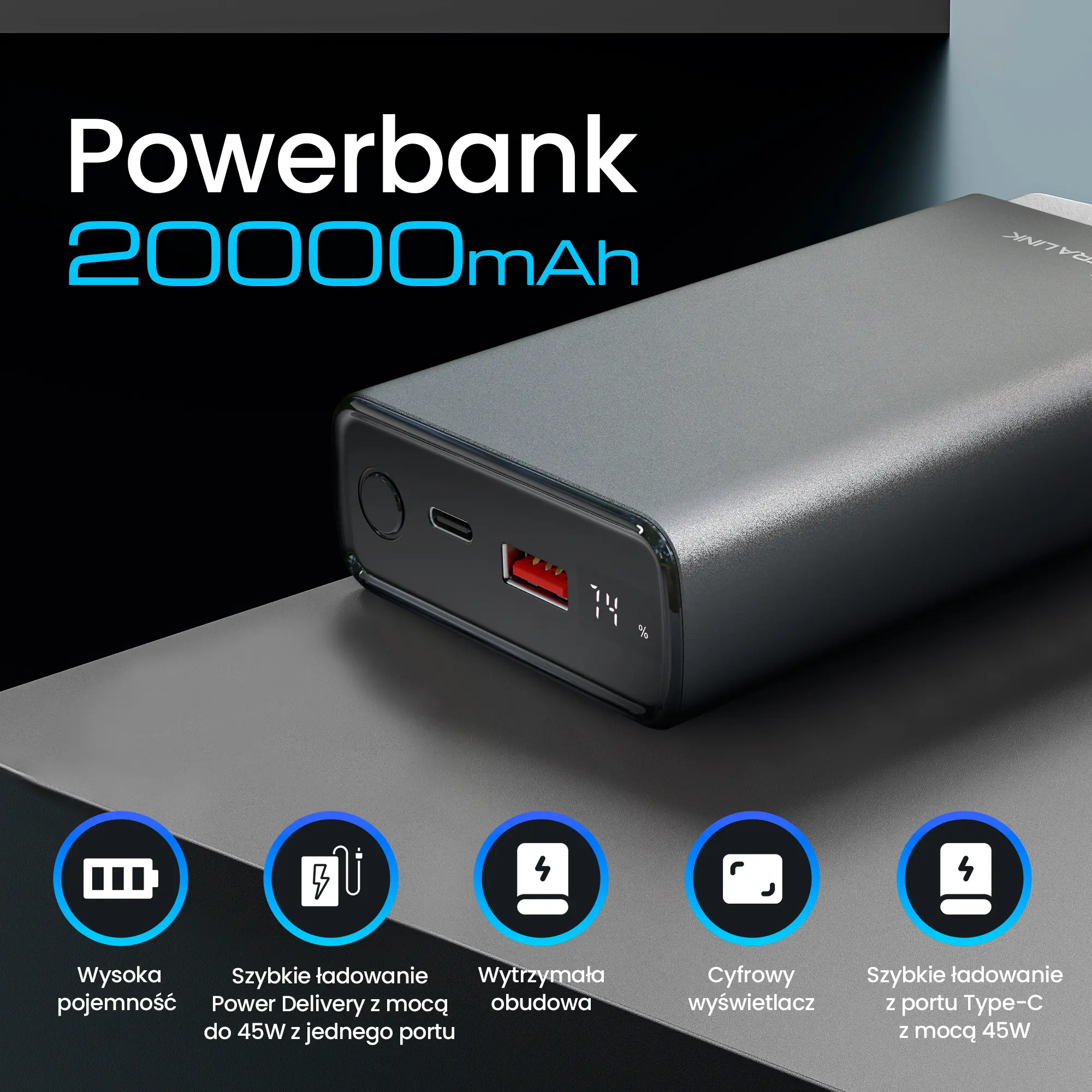 EXTRALINK EPB-126 20000MAH FAST CHARGING 45W PD POWER BANK SILVER