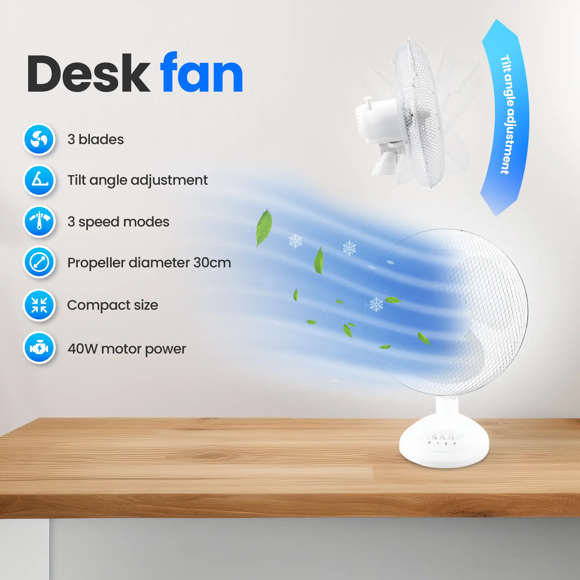 EMERIO FN-114202 TABLE FAN 30CM, 3 BLADES, 3 SPEED SETTINGS, WHITE