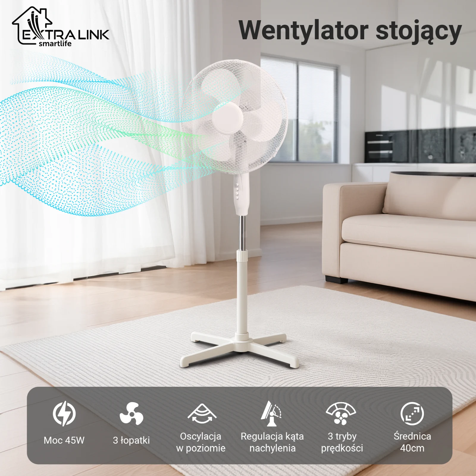 Extralink Bryza ESF-40D-WH Biały | Wentylator stojący | 3 łopatki, 3 prędkości