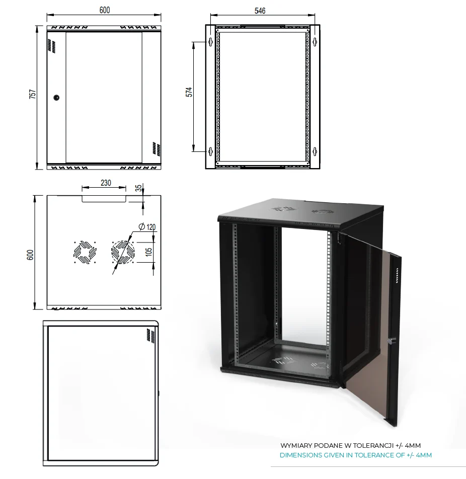 EXTRALINK PREMIUM 15U 600X600 WALL-MOUNTED RACKMOUNT CABINET BLACK