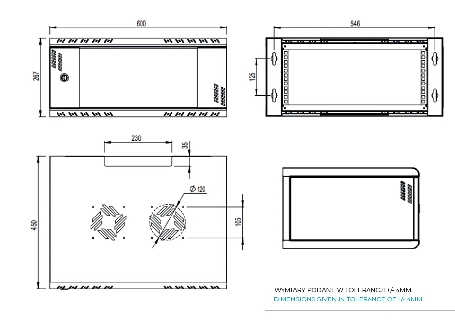 EXTRALINK PREMIUM 4U 600X450 WALL-MOUNTED RACKMOUNT CABINET BLACK