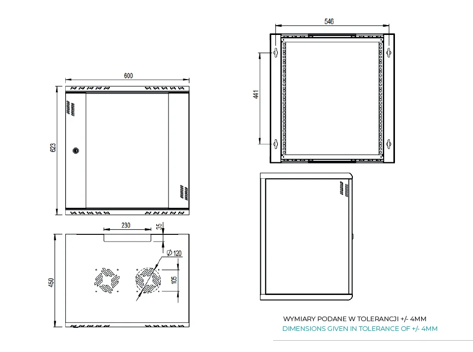 EXTRALINK PREMIUM 12U 600X450 WALL-MOUNTED RACKMOUNT CABINET GRAY