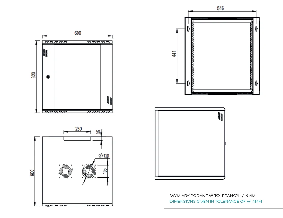 EXTRALINK PREMIUM 12U 600X600 WALL-MOUNTED RACKMOUNT CABINET GRAY