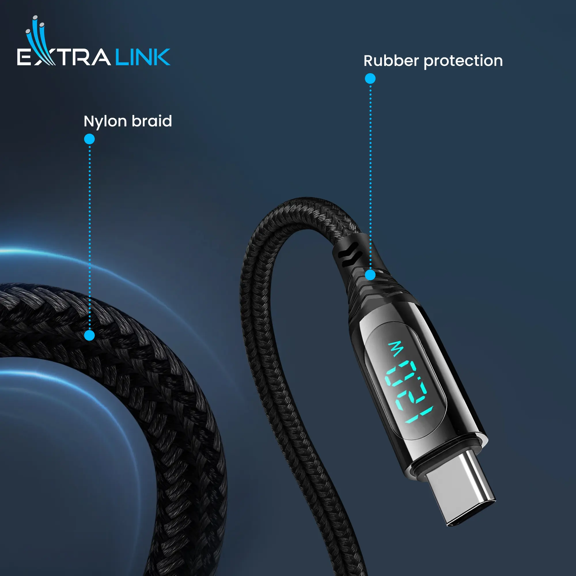 Extralink-Smart-Life-USB-Type-C-to-Type-Cable-Braided-Black-with-LED-Display