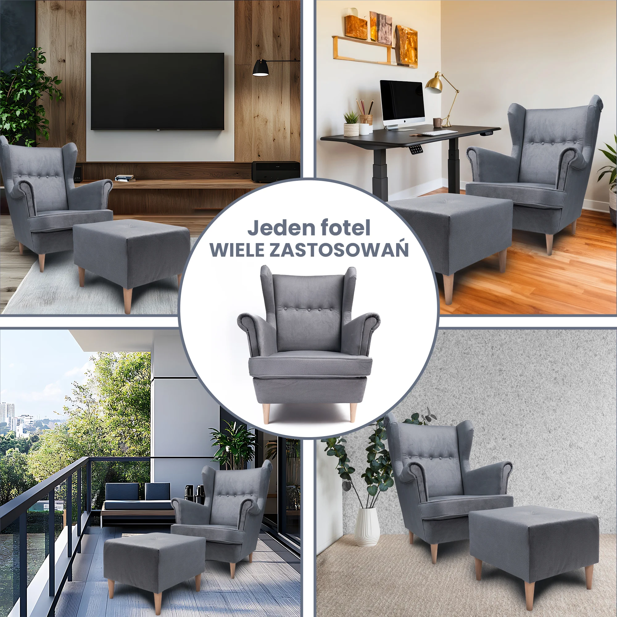 JANE armchair with footrest, grey