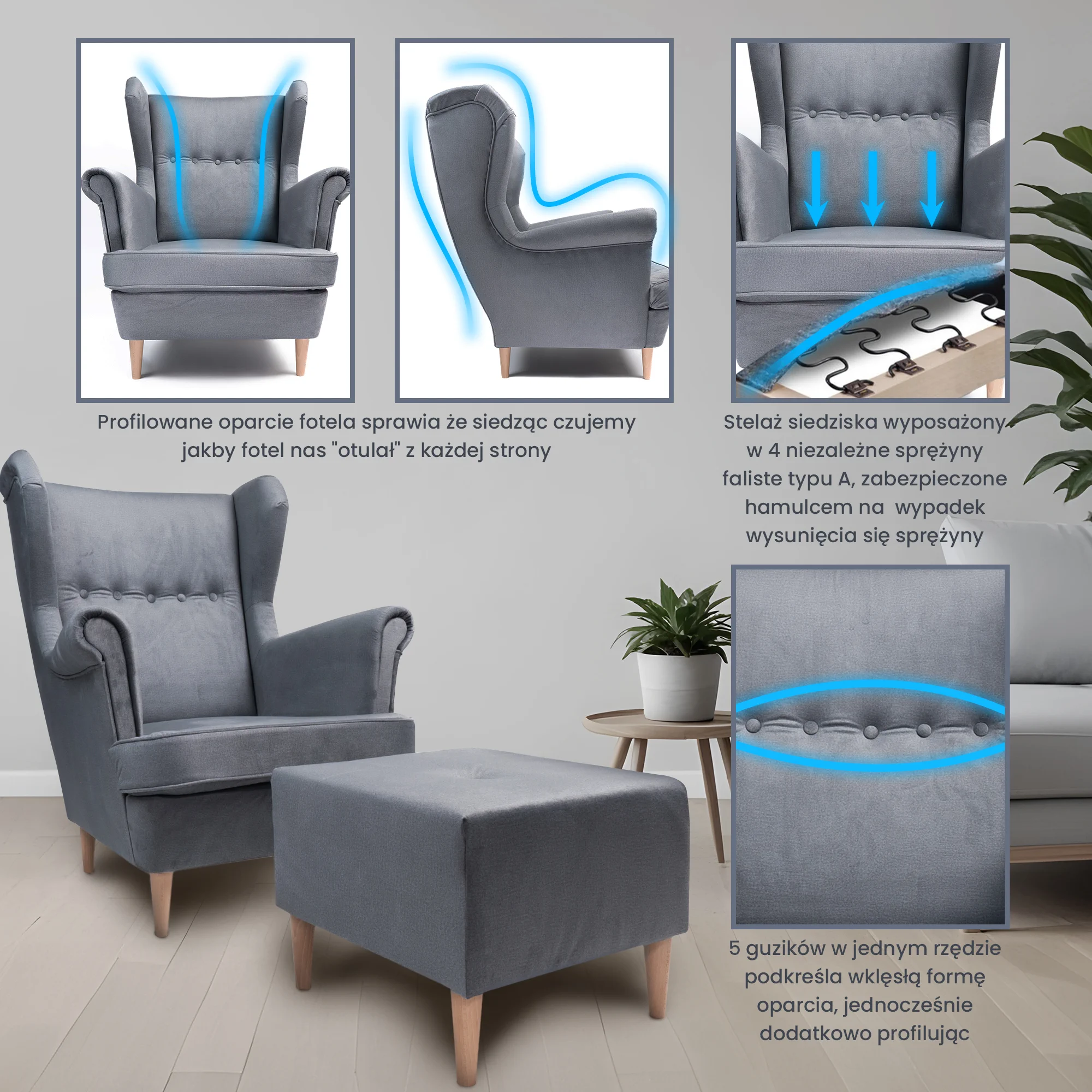 JANE armchair with footrest, grey