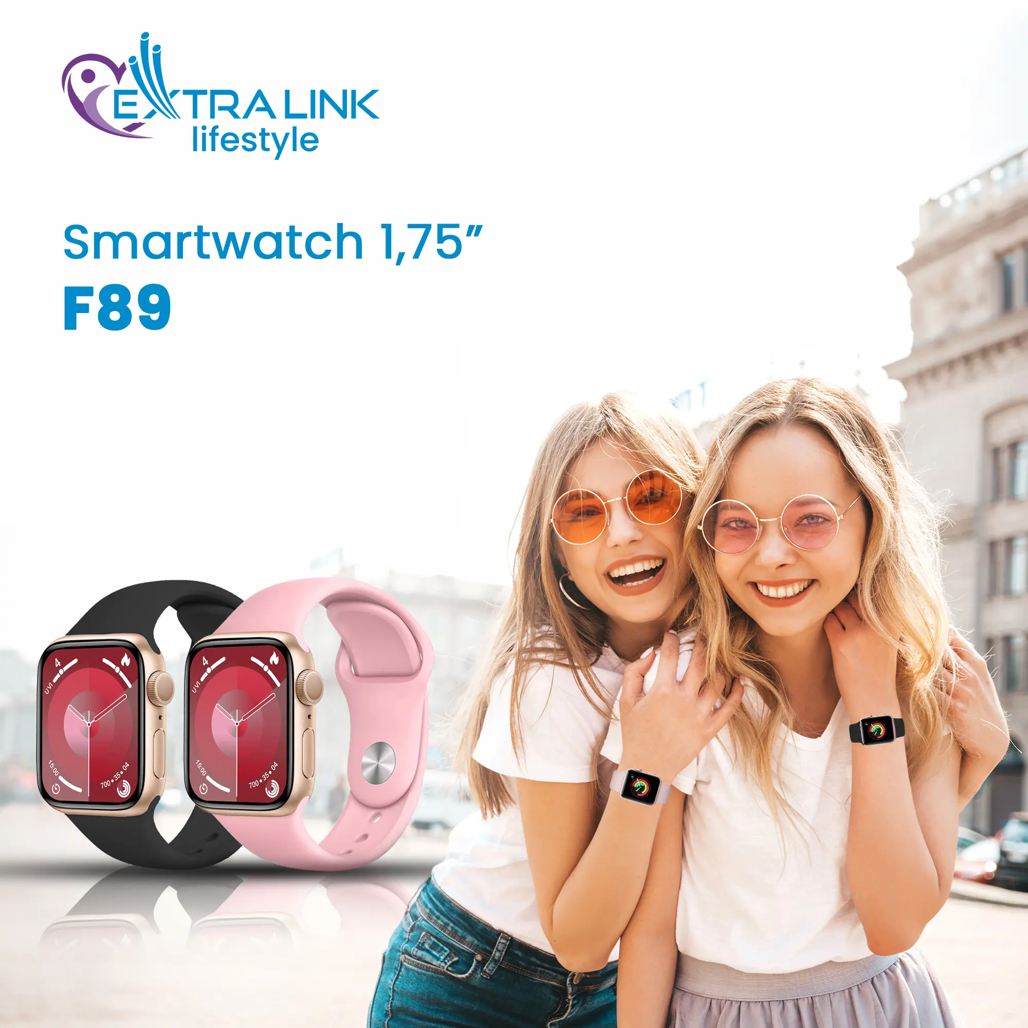 EXTRALINK LIFESTYLE SMARTWATCH F89 ZŁOTY + RÓŻOWA/CZARNA OPASKA