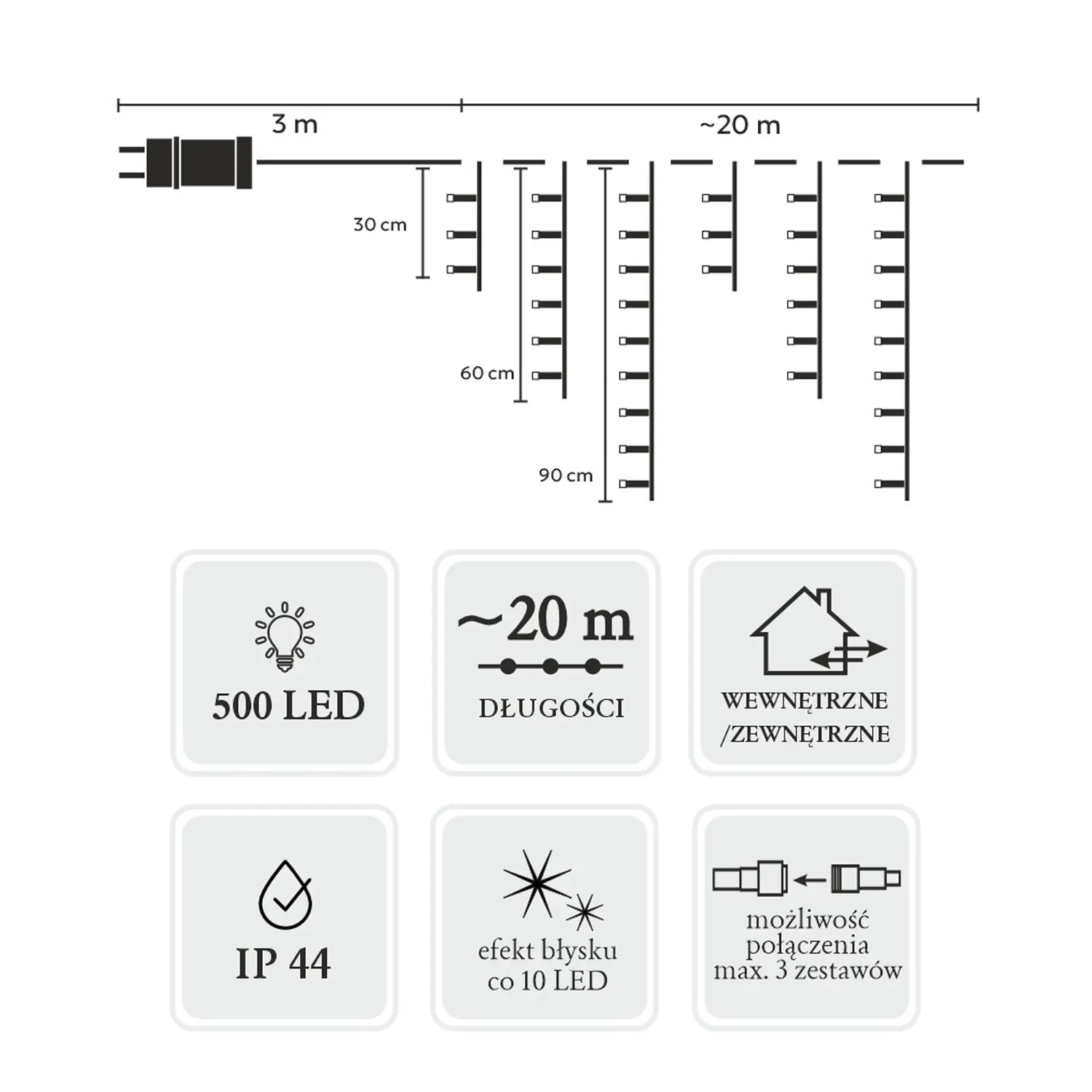 EXTRALINK KURTYNA SOPLE 500L CIEPŁY BIAŁY + ZIMNY FLASH, DŁ. 3 + 20 M *9881