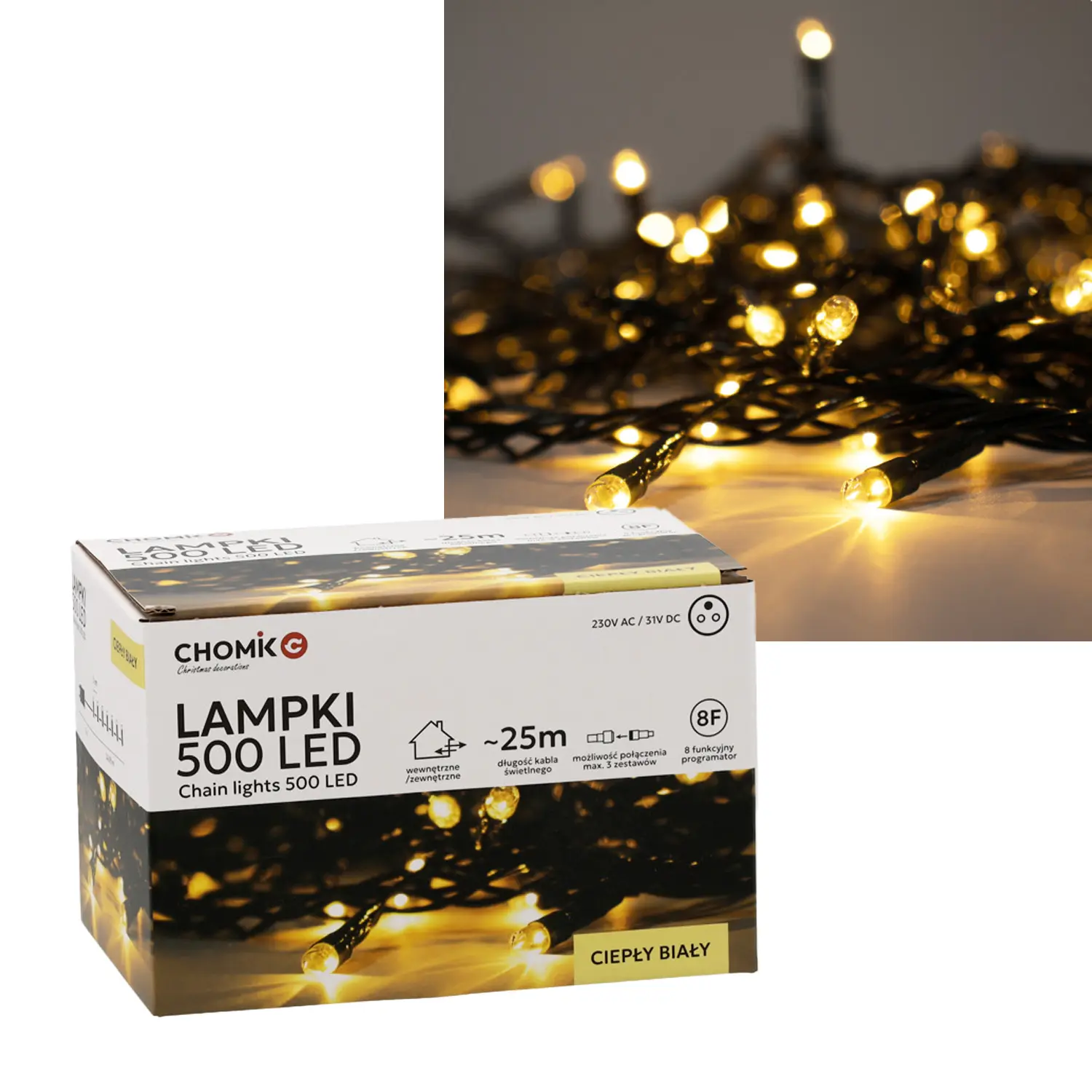EXTRALINK LAMPKI LED 500L CIEPŁY BIAŁY, DŁ. 3 + 25 M WEWN/ZEWN *9560