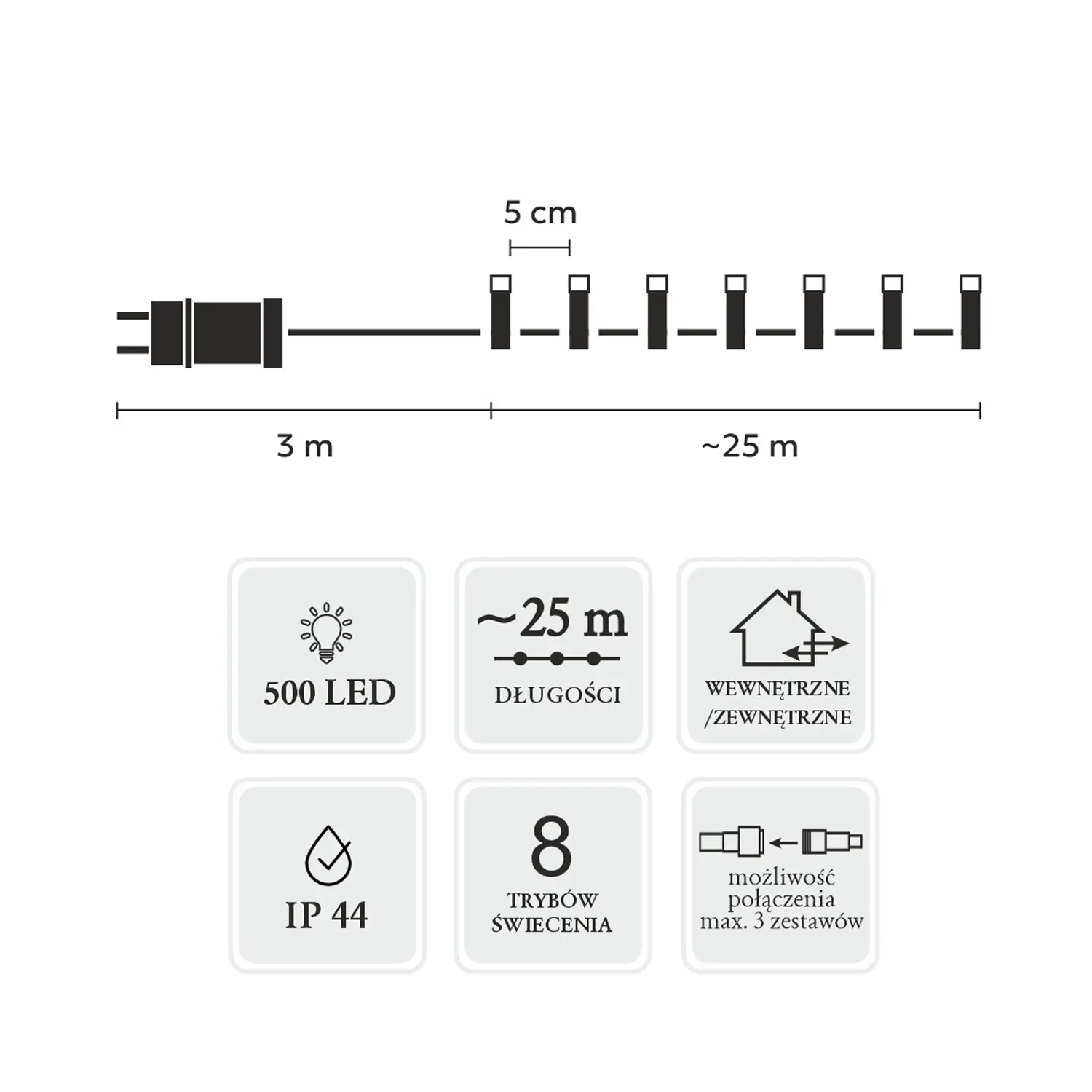 EXTRALINK LAMPKI LED 500L CIEPŁY BIAŁY, DŁ. 3 + 25 M WEWN/ZEWN *9560