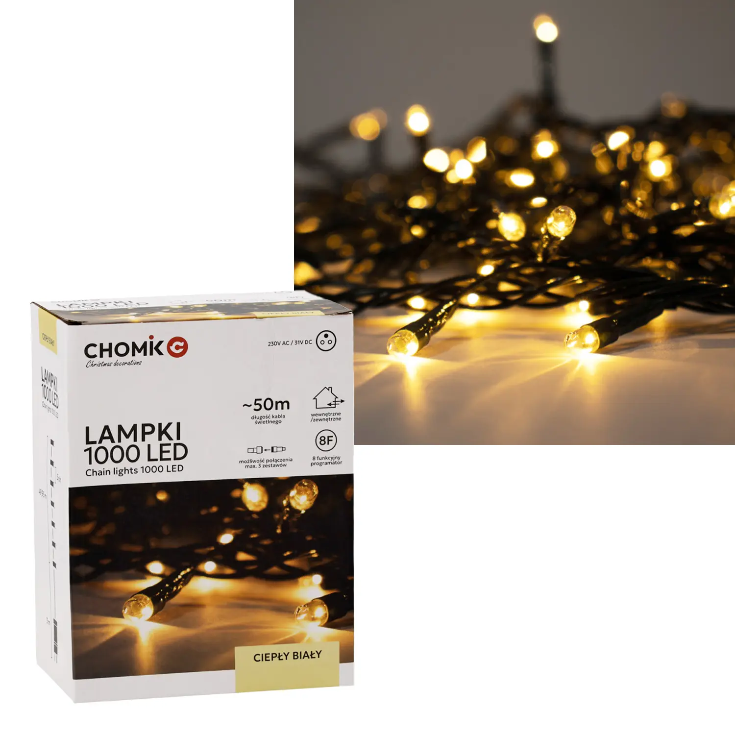 EXTRALINK LAMPKI LED 1000L CIEPŁY BIAŁY DŁ. 3 + 50 M WEWN/ZEWN *9621