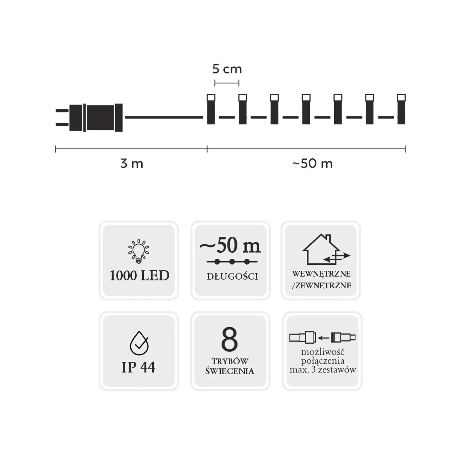 EXTRALINK LAMPKI LED 1000L CIEPŁY BIAŁY DŁ. 3 + 50 M WEWN/ZEWN *9621