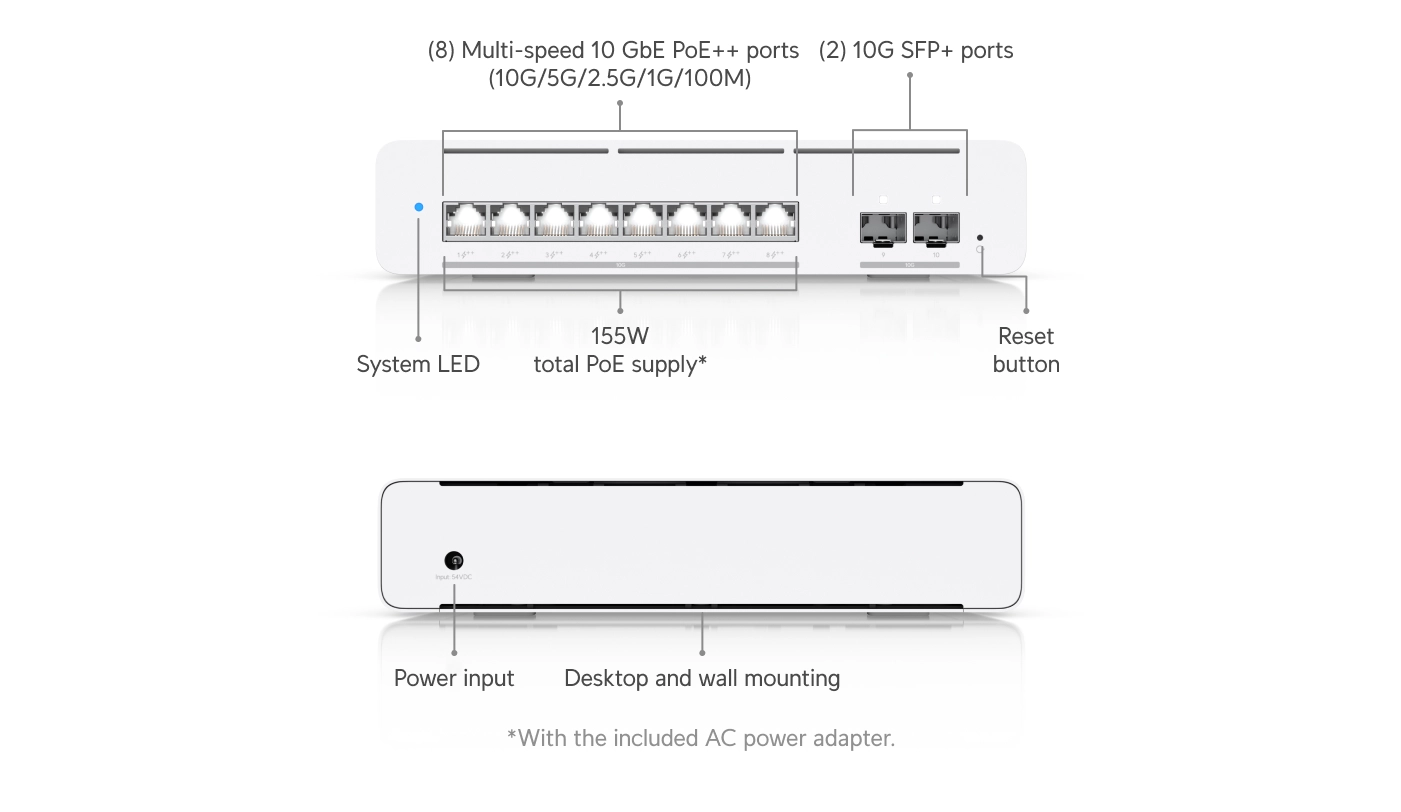 Ubiquiti USW-Pro-XG-8-PoE | Switch | Etherlighting, 8x RJ45 10GbE PoE, 2x SFP+, 155W, Layer 3