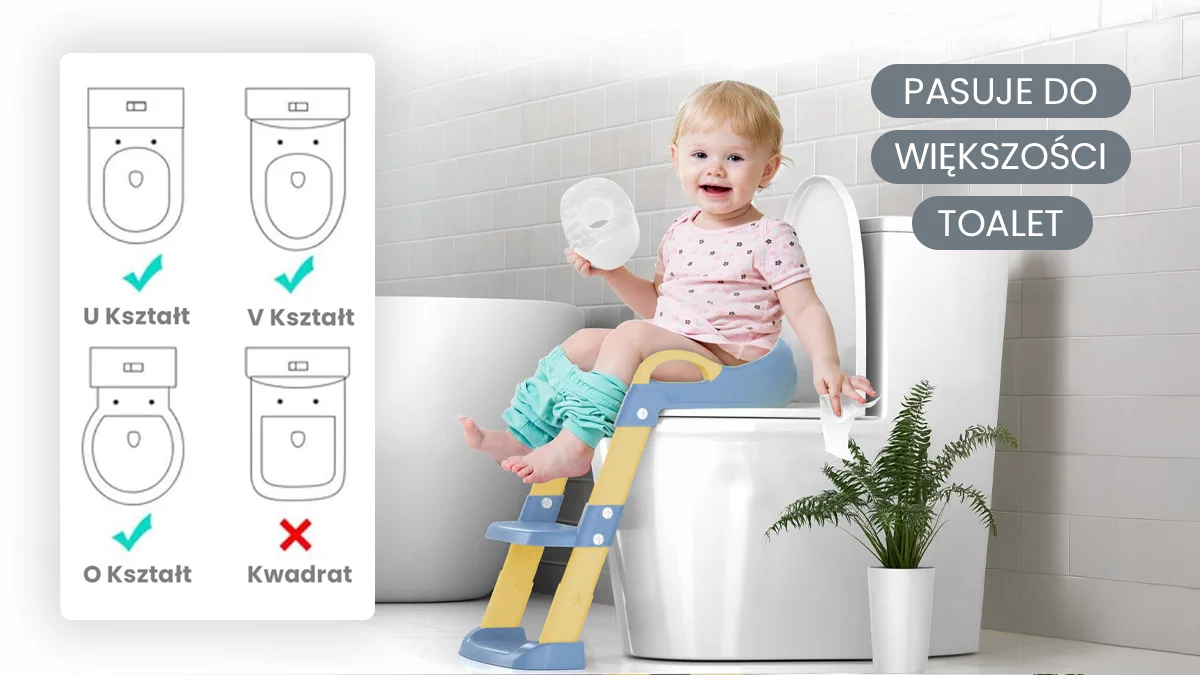 Szczęśliwe dziecko siedzące na niebieskiej drabince Extralink Kids na toalecie; ikony pasujących kształtów