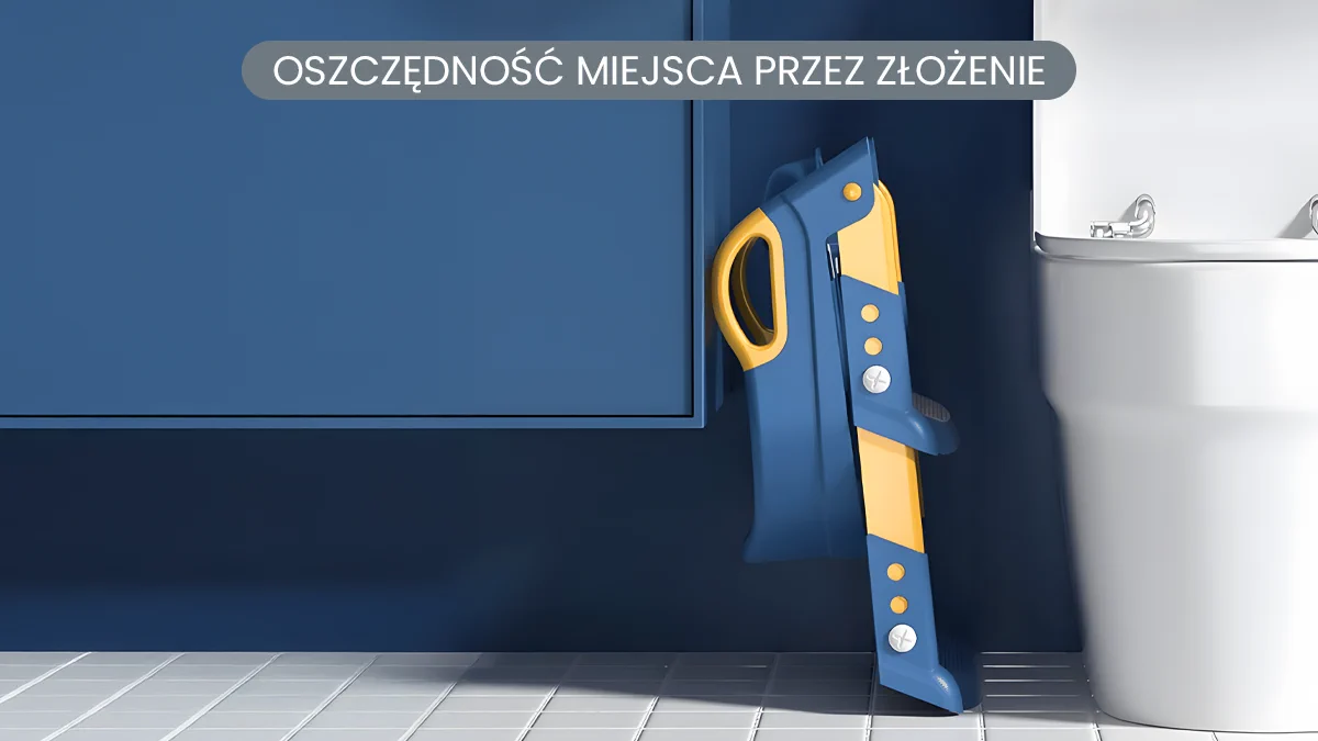 Złożona, niebieska drabinka dla dzieci do toalety Extralink Kids oparta o szafkę