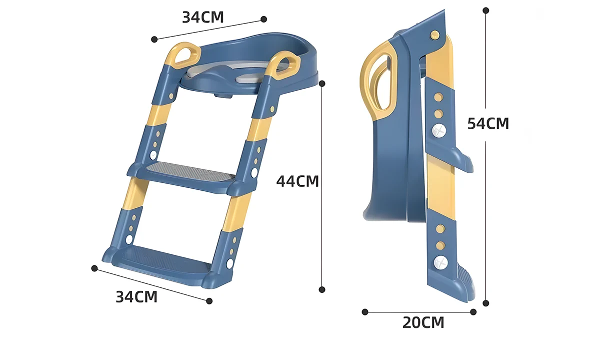 Rysunek techniczny drabinki dla dzieci do toalety Extralink Kids z wymiarami w calach i centymetrach