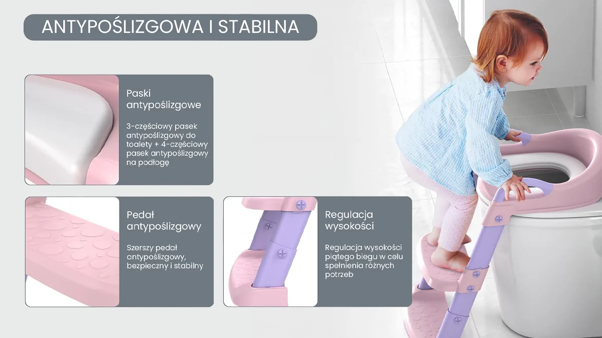 Dziewczynka wspinająca się na drabinkę dla dzieci do toalety Extralink Kids; zbliżenia na antypoślizgowe detale