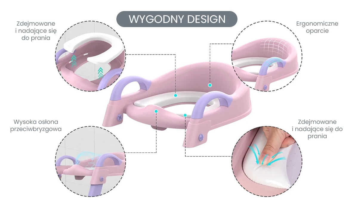 Różowa nakładka sedesowa Extralink Kids z ergonomicznym oparciem, osłoną i zdejmowaną poduszką