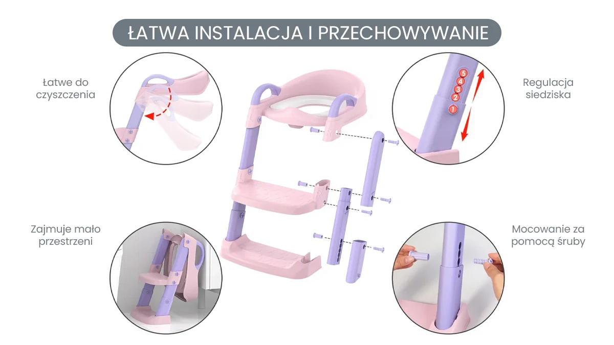 Instrukcja montażu różowej drabinki dla dzieci do toalety Extralink Kids z funkcją składania i regulacji