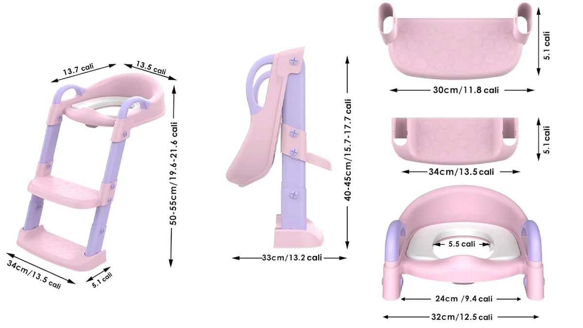 Rysunek techniczny drabinki dla dzieci do toalety Extralink Kids z wymiarami w calach i centymetrach