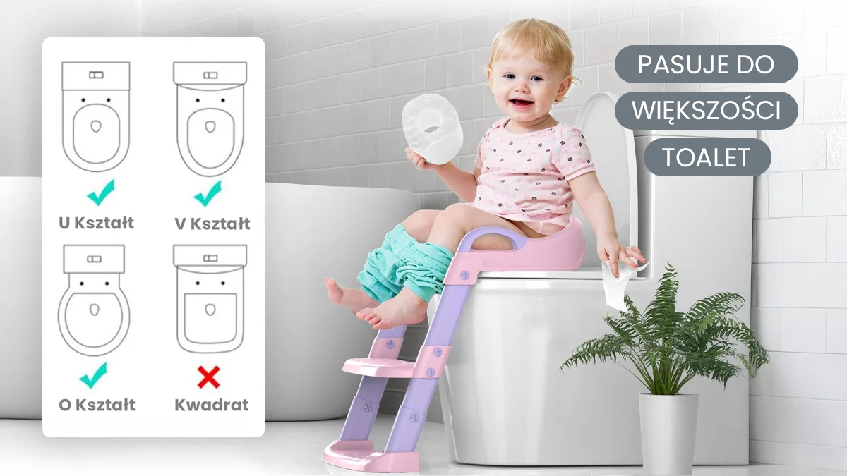 Szczęśliwe dziecko siedzące na różowej drabince Extralink Kids na toalecie; ikony pasujących kształtów