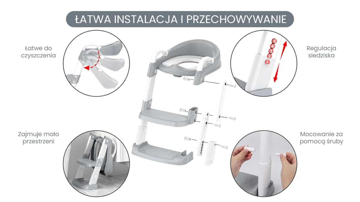 Instrukcja montażu szarej drabinki dla dzieci do toalety Extralink Kids z funkcją składania i regulacji