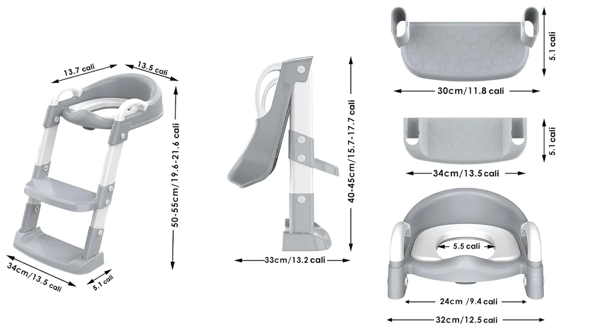 Rysunek techniczny drabinki dla dzieci do toalety Extralink Kids z wymiarami w calach i centymetrach
